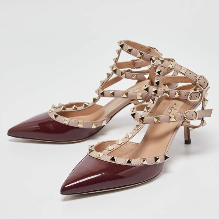 Pre Owned Valentino Burgundy Patent Leather Rockstud Ankle Strap Pumps Size 39