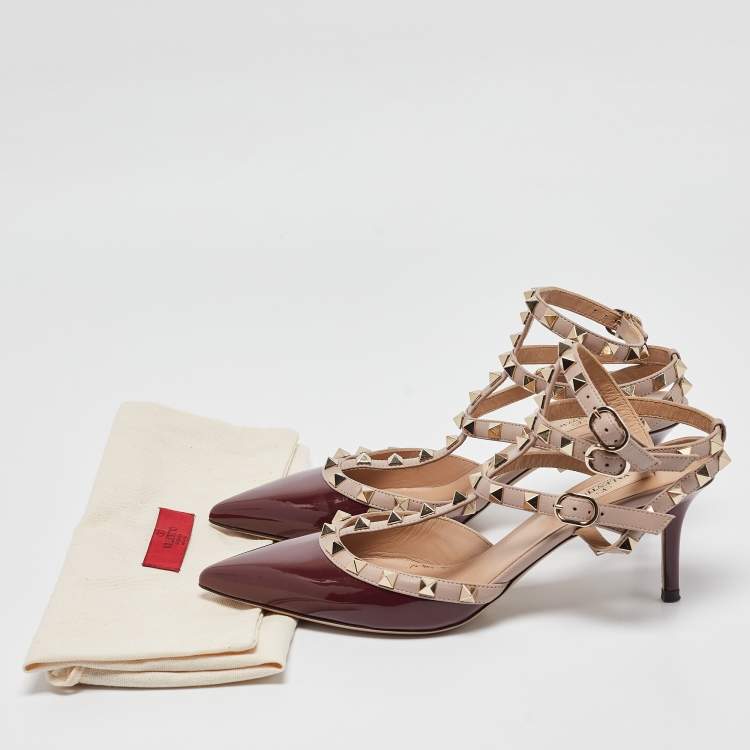 Pre Owned Valentino Burgundy Patent Leather Rockstud Ankle Strap Pumps Size 39