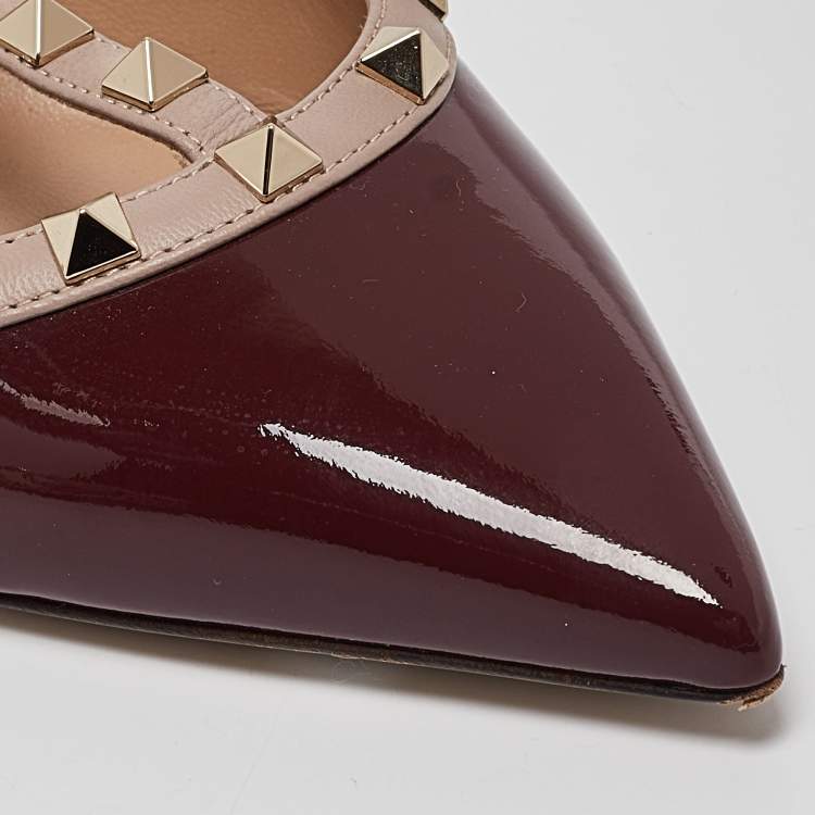 Pre Owned Valentino Burgundy Patent Leather Rockstud Ankle Strap Pumps Size 39