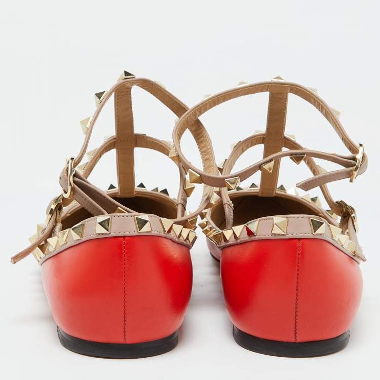 Pre Owned Valentino Orange/Beige Leather Rockstud Ankle Strap Ballet Flats Size 41
