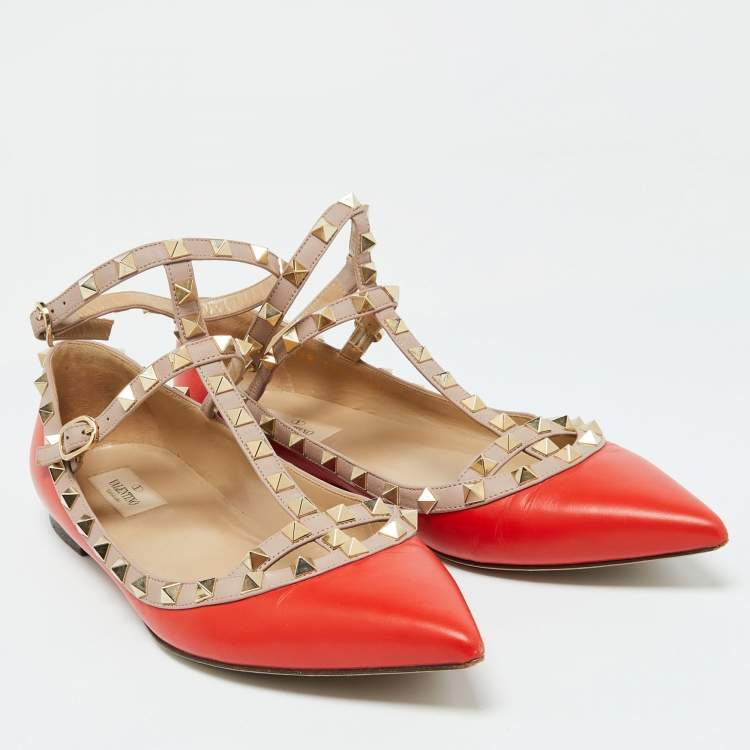 Pre Owned Valentino Orange/Beige Leather Rockstud Ankle Strap Ballet Flats Size 41