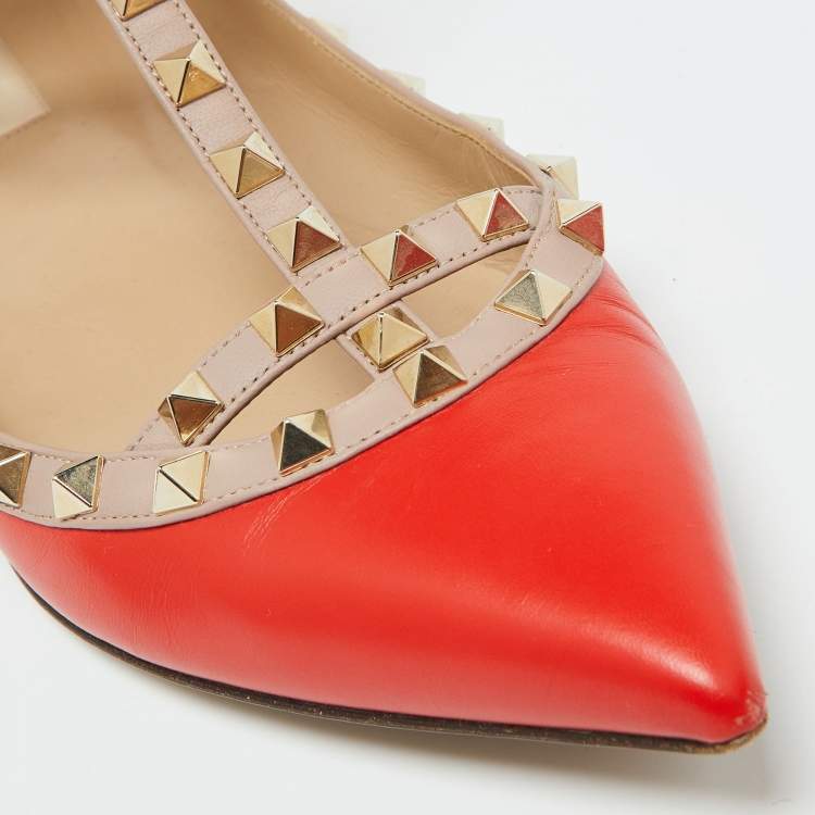 Pre Owned Valentino Orange/Beige Leather Rockstud Ankle Strap Ballet Flats Size 41