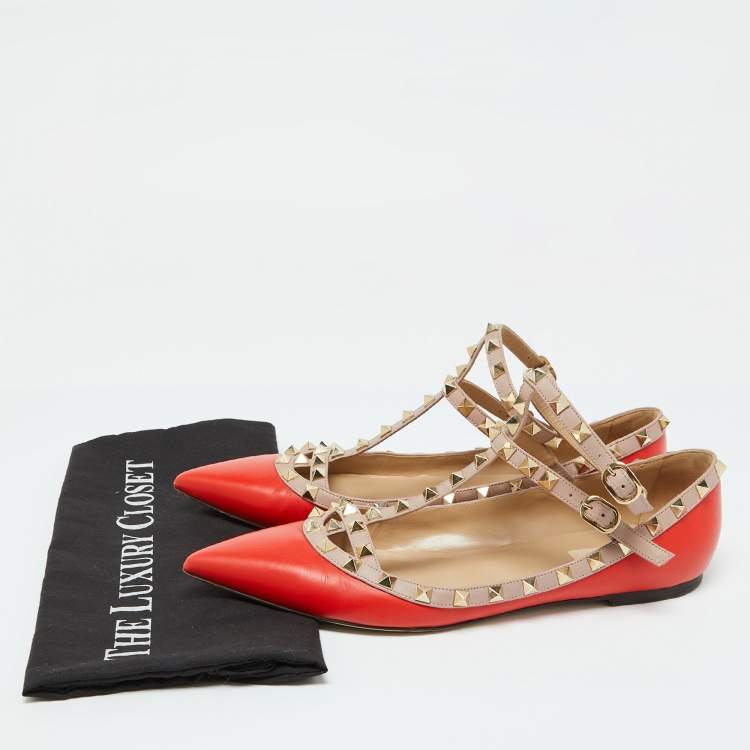Pre Owned Valentino Orange/Beige Leather Rockstud Ankle Strap Ballet Flats Size 41