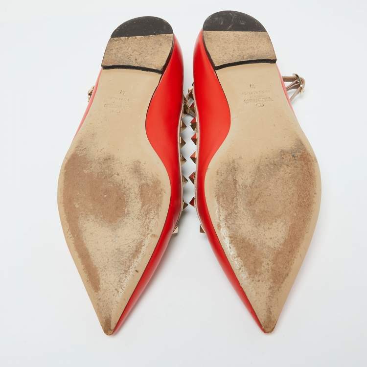 Pre Owned Valentino Orange/Beige Leather Rockstud Ankle Strap Ballet Flats Size 41