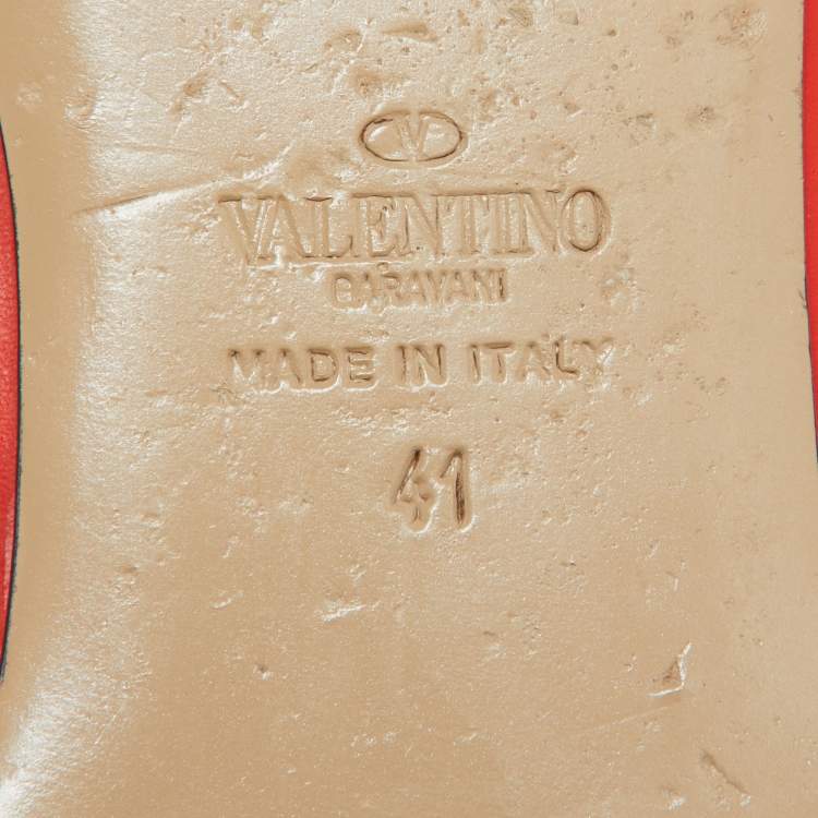 Pre Owned Valentino Orange/Beige Leather Rockstud Ankle Strap Ballet Flats Size 41