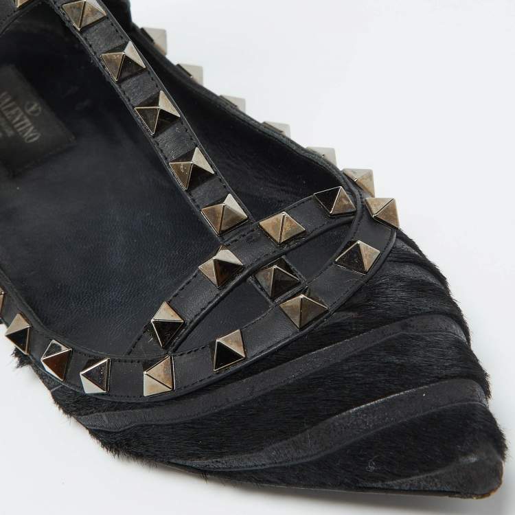 Pre Owned Valentino Black Calf Hair and Leather Rockstud Ankle Strap Ballet Flats Size 38