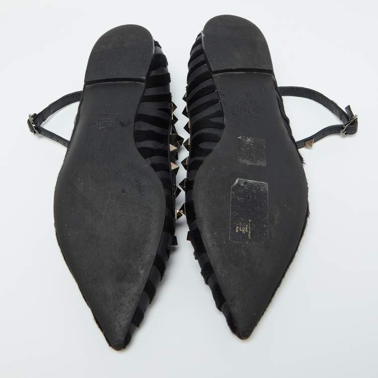 Pre Owned Valentino Black Calf Hair and Leather Rockstud Ankle Strap Ballet Flats Size 38