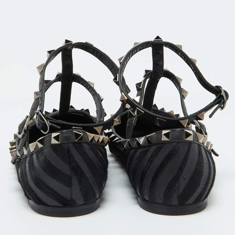 Pre Owned Valentino Black Calf Hair and Leather Rockstud Ankle Strap Ballet Flats Size 38