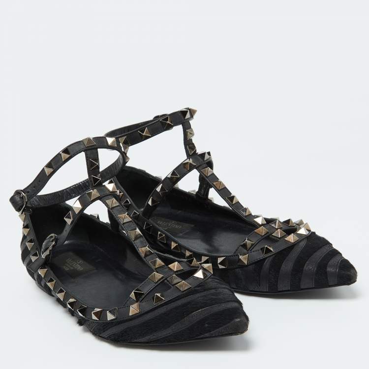 Pre Owned Valentino Black Calf Hair and Leather Rockstud Ankle Strap Ballet Flats Size 38