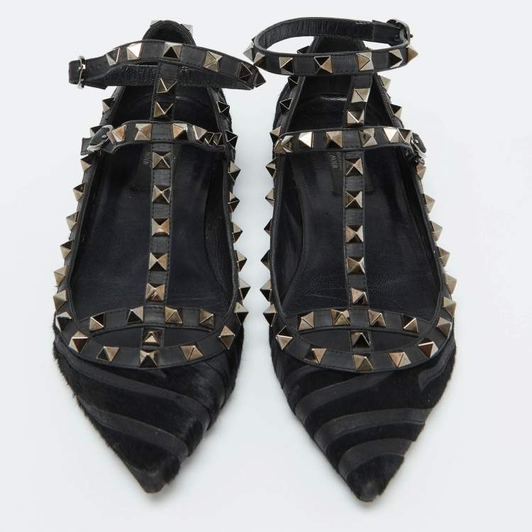 Pre Owned Valentino Black Calf Hair and Leather Rockstud Ankle Strap Ballet Flats Size 38