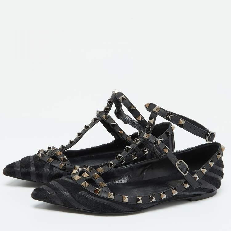 Pre Owned Valentino Black Calf Hair and Leather Rockstud Ankle Strap Ballet Flats Size 38