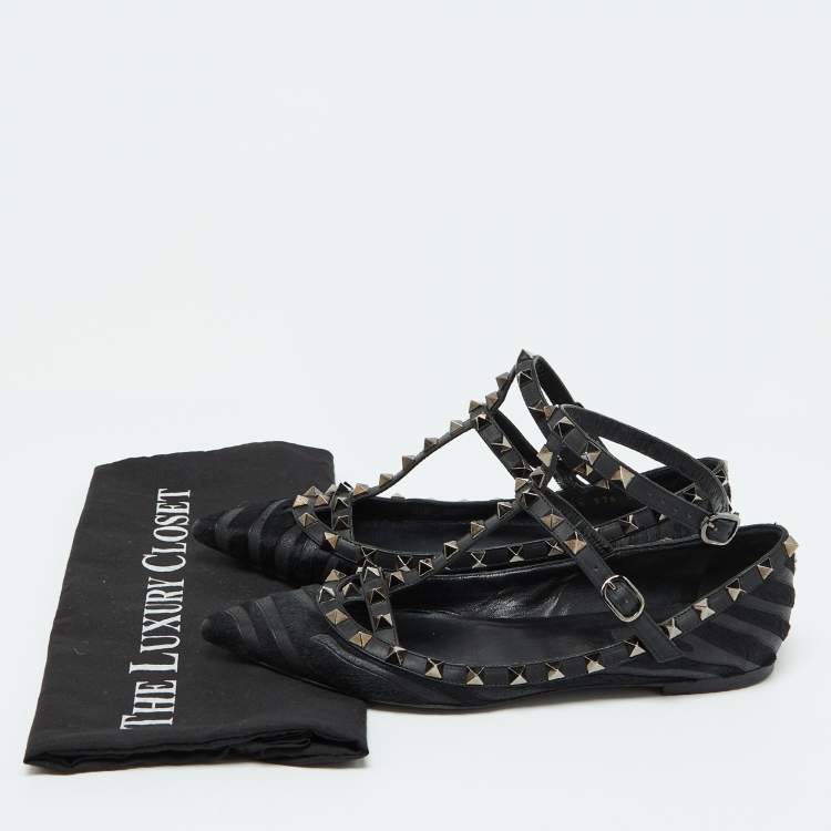 Pre Owned Valentino Black Calf Hair and Leather Rockstud Ankle Strap Ballet Flats Size 38