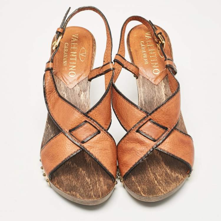 Pre Owned Valentino Brown Leather Ankle Strap Sandals Size 37