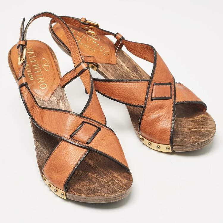 Pre Owned Valentino Brown Leather Ankle Strap Sandals Size 37
