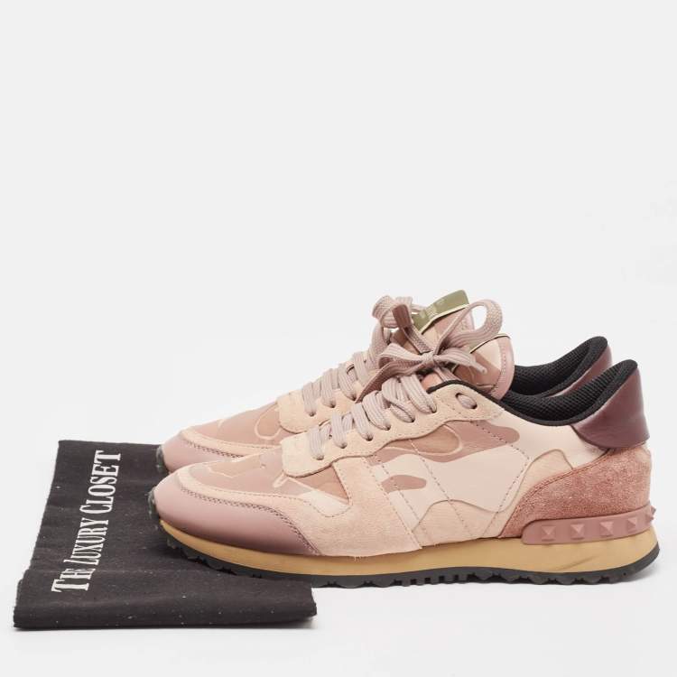 Pre Owned Valentino Pink Camouflage Canvas and Suede Rockrunner Sneakers Size 38