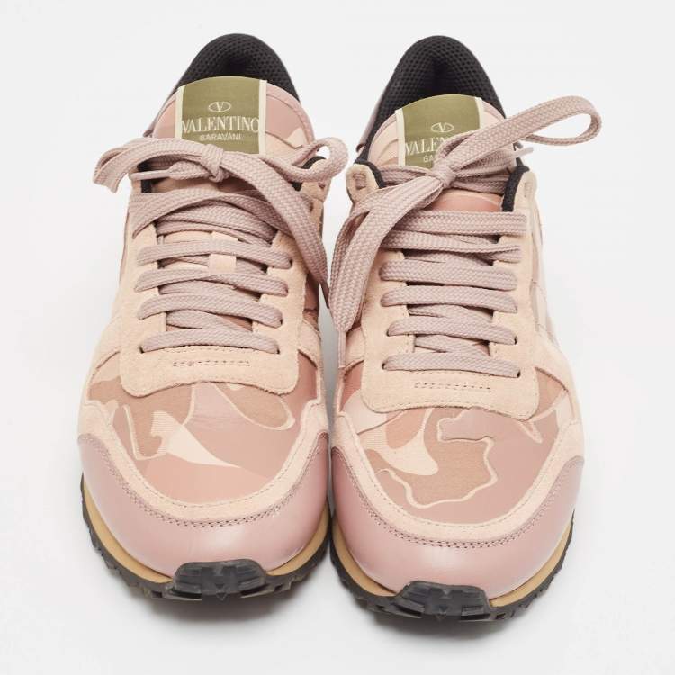 Pre Owned Valentino Pink Camouflage Canvas and Suede Rockrunner Sneakers Size 38