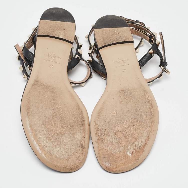 Pre Owned Valentino Black Leather Rockstud Ankle Strap Flat Sandals Size 39