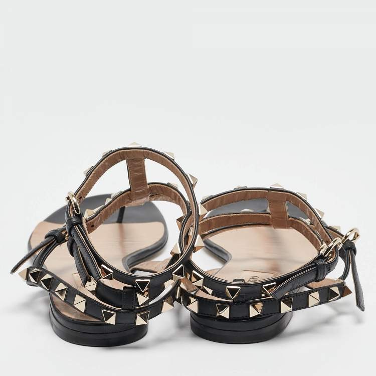 Pre Owned Valentino Black Leather Rockstud Ankle Strap Flat Sandals Size 39