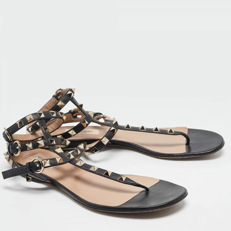 Pre Owned Valentino Black Leather Rockstud Ankle Strap Flat Sandals Size 39