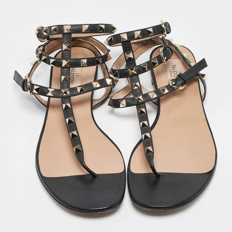 Pre Owned Valentino Black Leather Rockstud Ankle Strap Flat Sandals Size 39