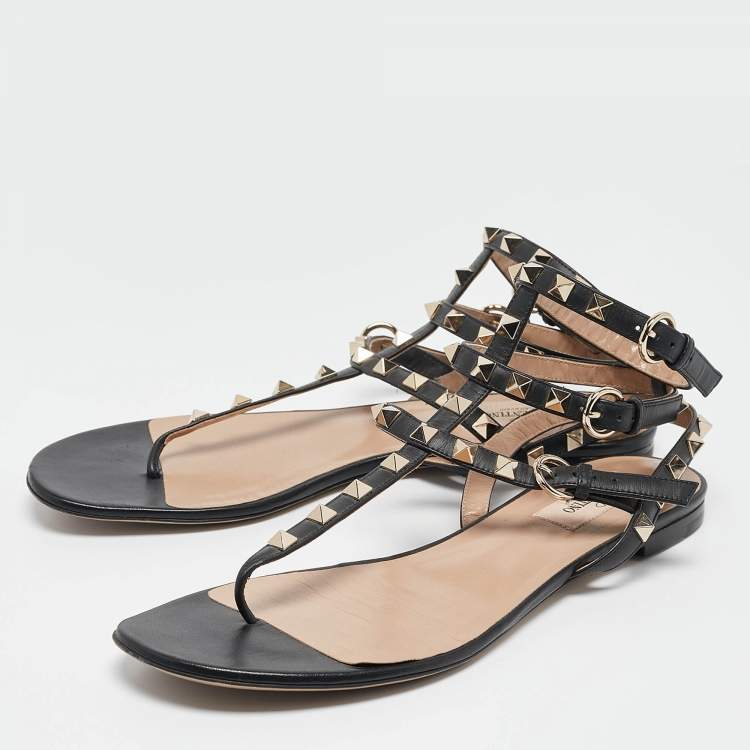 Pre Owned Valentino Black Leather Rockstud Ankle Strap Flat Sandals Size 39