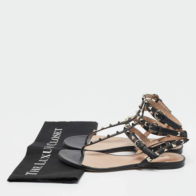 Pre Owned Valentino Black Leather Rockstud Ankle Strap Flat Sandals Size 39