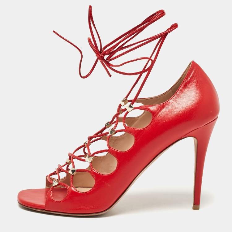 Pre Owned Valentino Red Leather Rockstud Ankle Tie Sandals Size 40