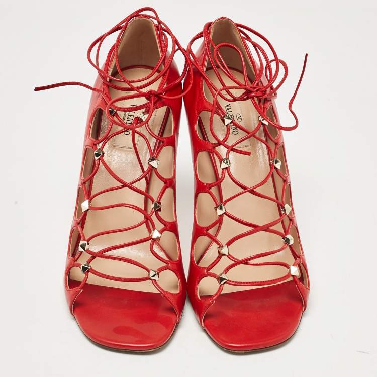 Pre Owned Valentino Red Leather Rockstud Ankle Tie Sandals Size 40