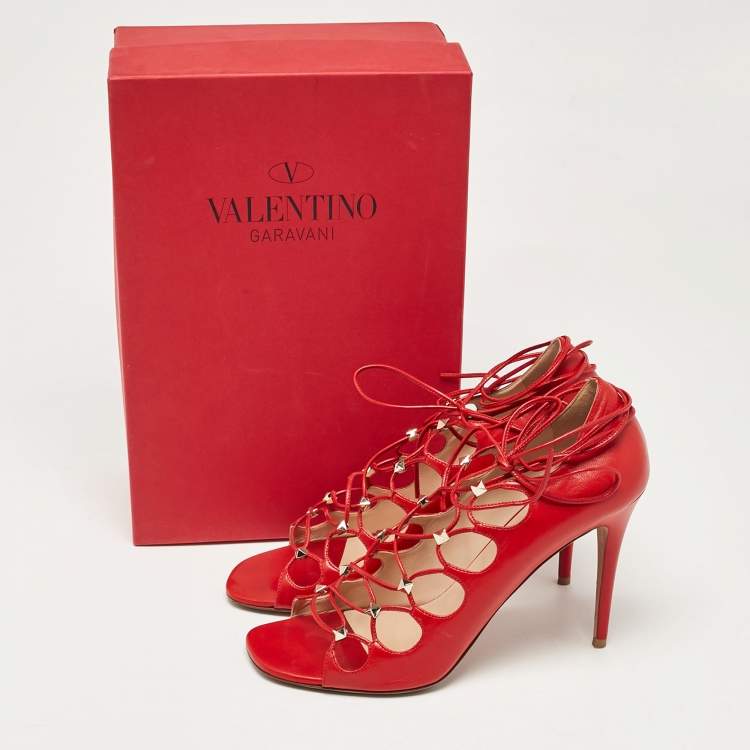 Pre Owned Valentino Red Leather Rockstud Ankle Tie Sandals Size 40