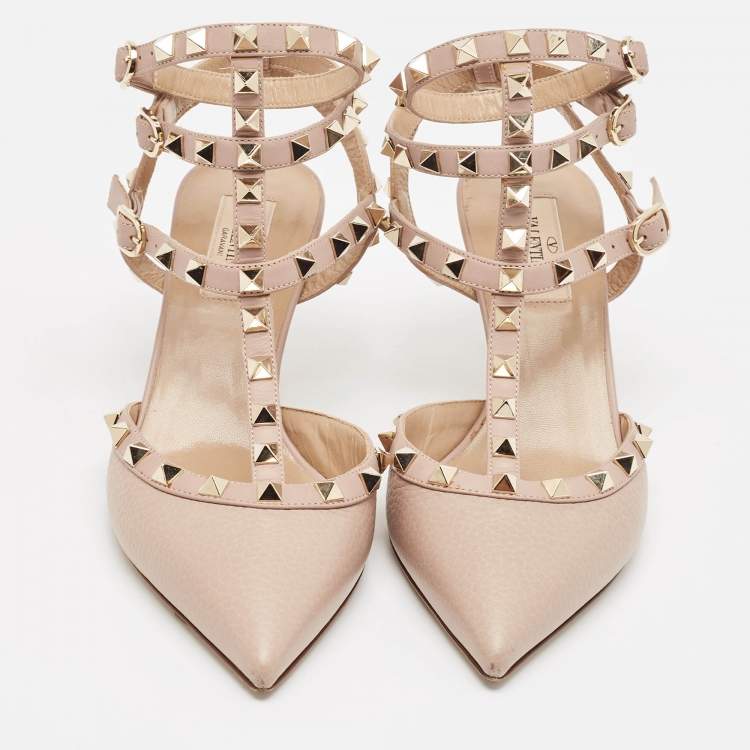 Pre Owned Valentino Dusty Pink Leather Rockstud Ankle Strap Pumps Size 38