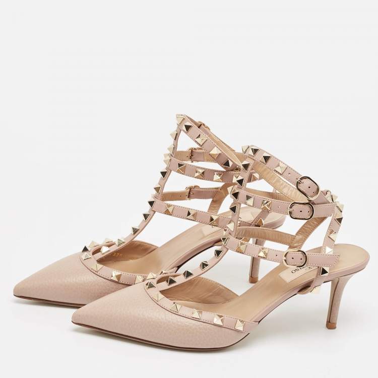 Pre Owned Valentino Dusty Pink Leather Rockstud Ankle Strap Pumps Size 38