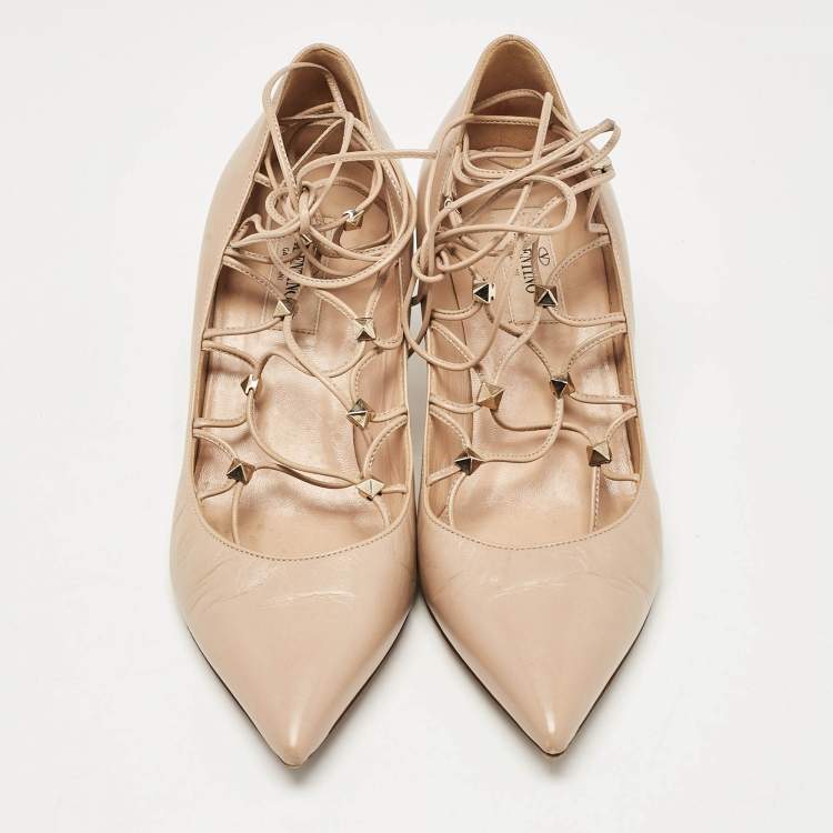 Pre Owned Valentino Beige Leather Rockstud Pumps Size 36.5