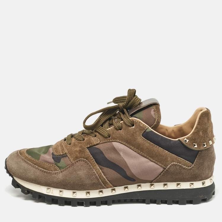Pre Owned Valentino Green Nylon and Suede Rockrunner Low Top Sneakers Size 38