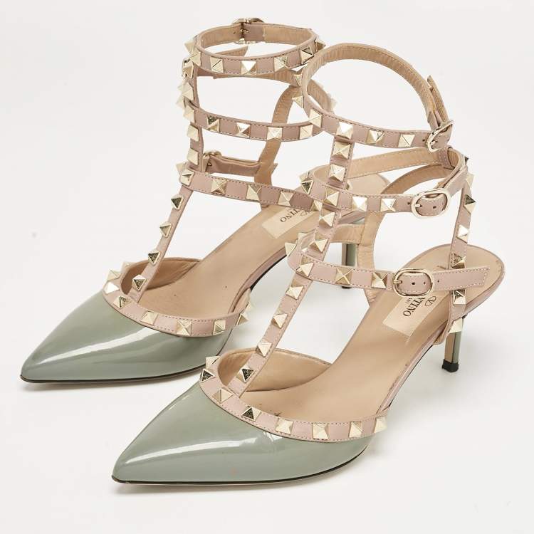 Pre Owned Valentino Green/Beige Patent and Leather Rockstud Pumps Size 37