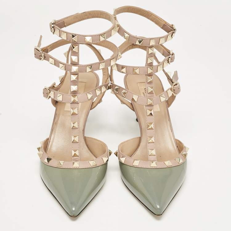 Pre Owned Valentino Green/Beige Patent and Leather Rockstud Pumps Size 37