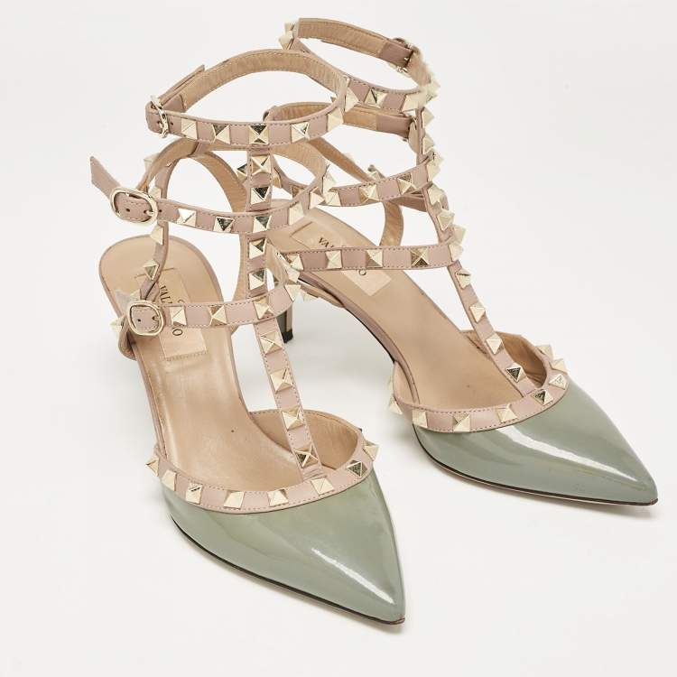 Pre Owned Valentino Green/Beige Patent and Leather Rockstud Pumps Size 37