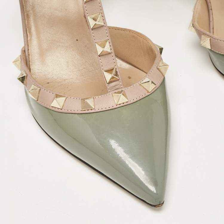 Pre Owned Valentino Green/Beige Patent and Leather Rockstud Pumps Size 37