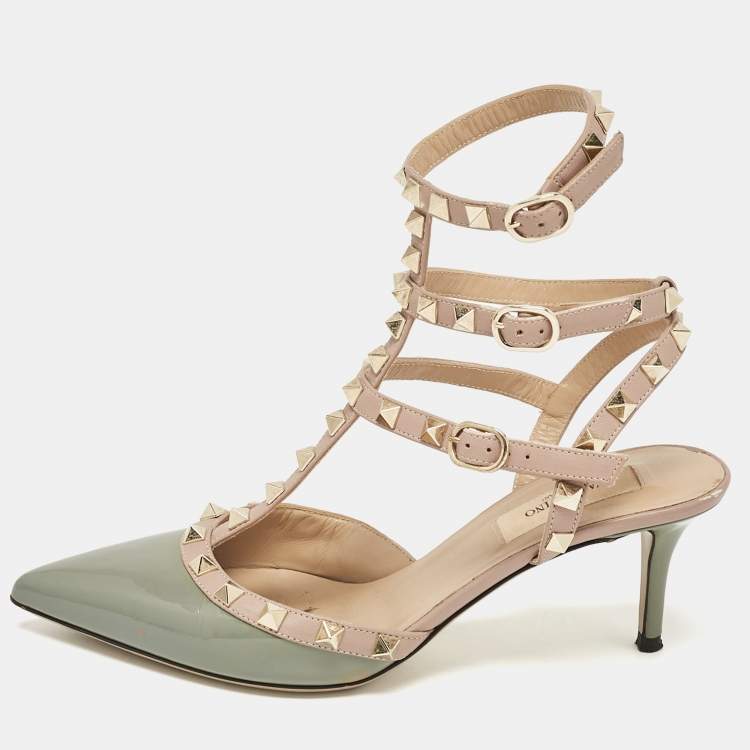 Pre Owned Valentino Green/Beige Patent and Leather Rockstud Pumps Size 37