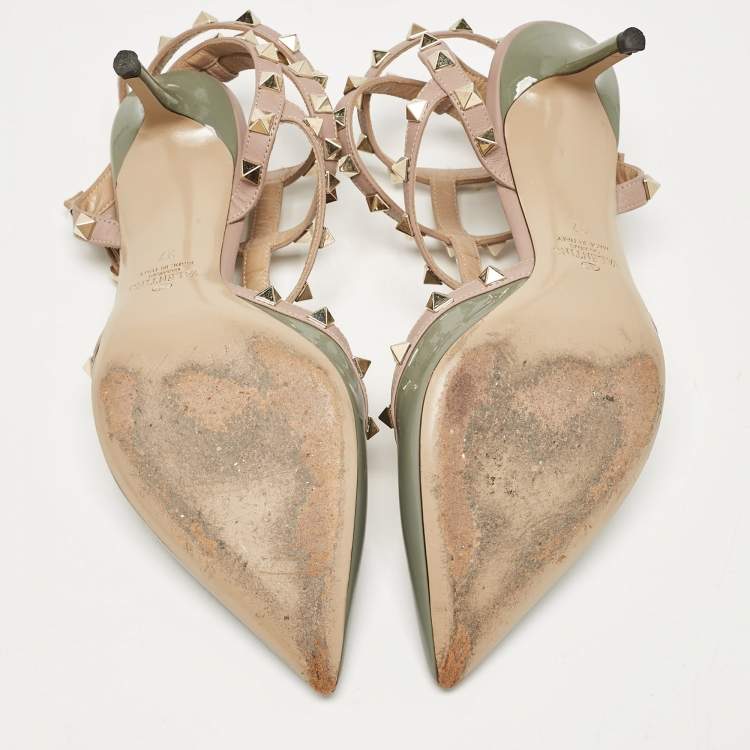 Pre Owned Valentino Green/Beige Patent and Leather Rockstud Pumps Size 37