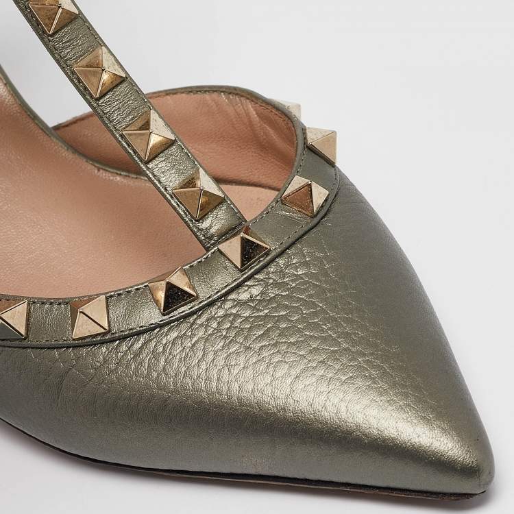 Pre Owned Valentino Grey Leather Rockstud Ankle Strap Pumps Size 36.5