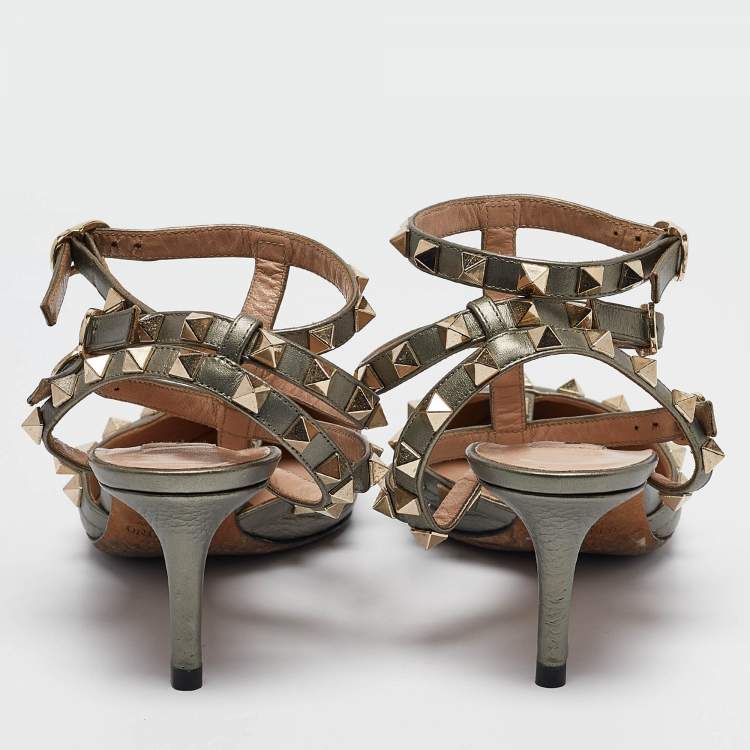 Pre Owned Valentino Grey Leather Rockstud Ankle Strap Pumps Size 36.5