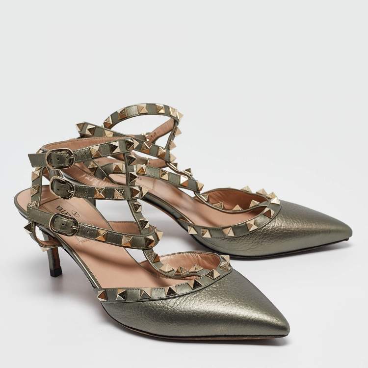Pre Owned Valentino Grey Leather Rockstud Ankle Strap Pumps Size 36.5