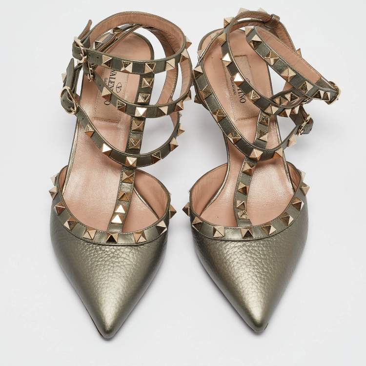 Pre Owned Valentino Grey Leather Rockstud Ankle Strap Pumps Size 36.5