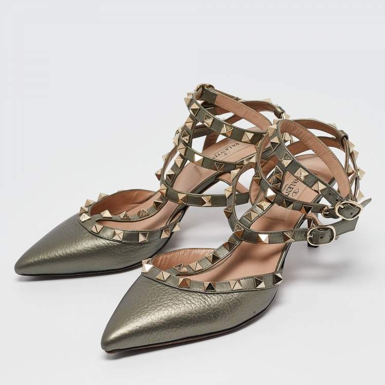 Pre Owned Valentino Grey Leather Rockstud Ankle Strap Pumps Size 36.5