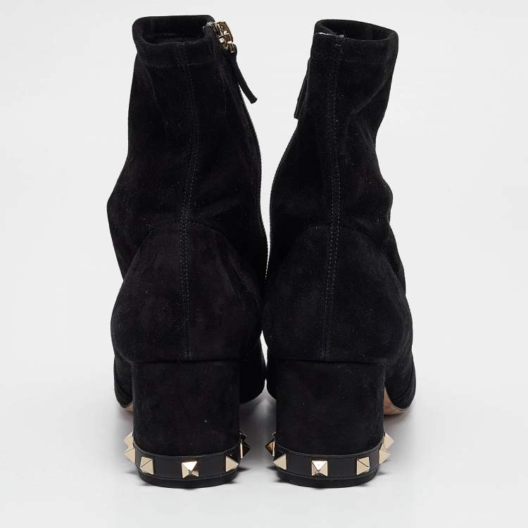 Pre Owned Valentino Black Suede Rockstud Ankle Length Boots Size 38