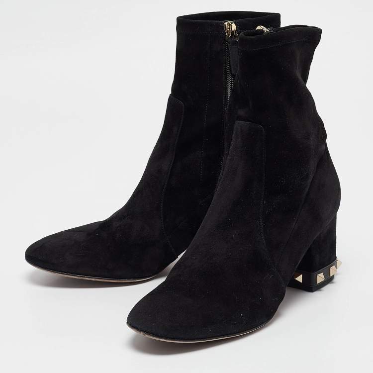 Pre Owned Valentino Black Suede Rockstud Ankle Length Boots Size 38