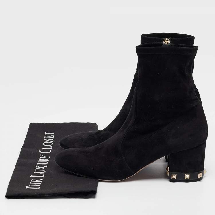 Pre Owned Valentino Black Suede Rockstud Ankle Length Boots Size 38