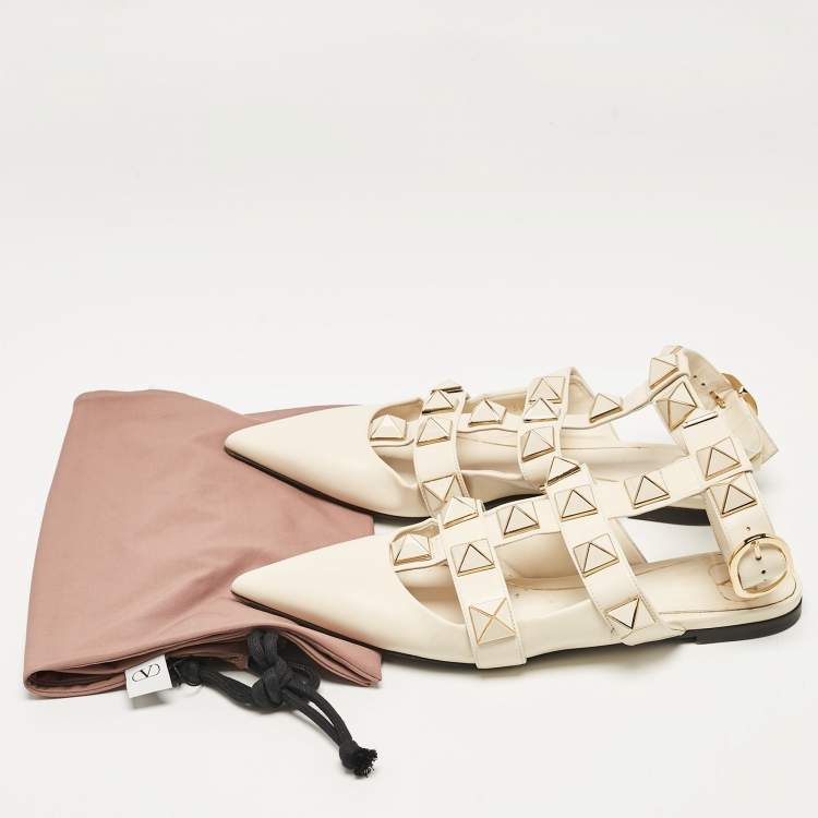 Pre Owned Valentino Cream Leather Roman Stud Ankle Strap Flats Size 38