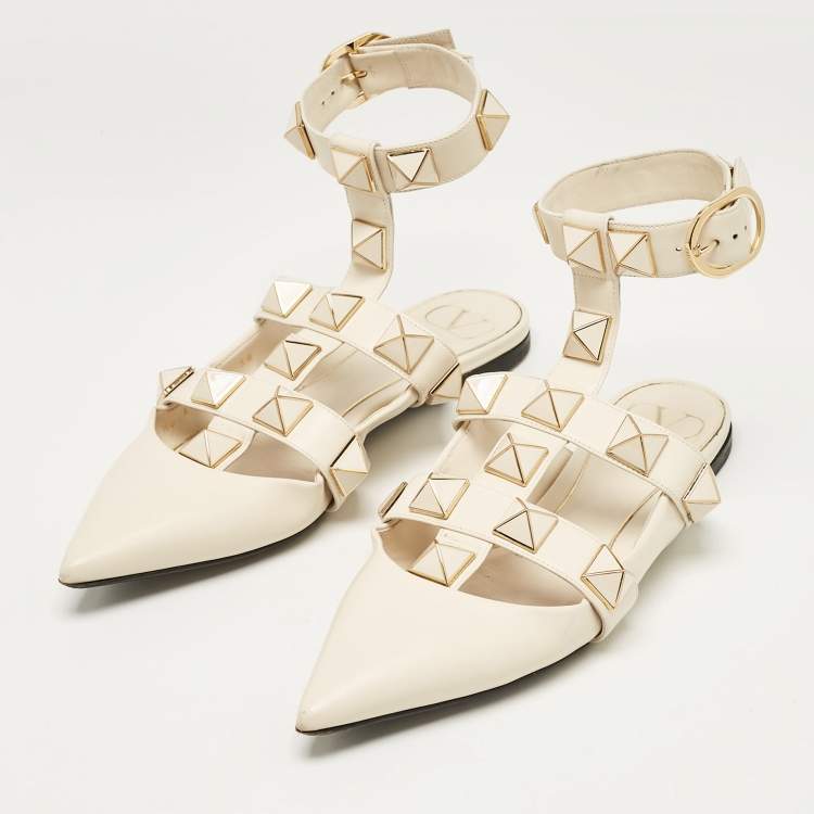 Pre Owned Valentino Cream Leather Roman Stud Ankle Strap Flats Size 38