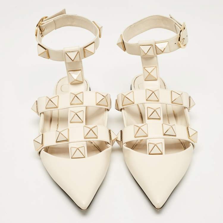 Pre Owned Valentino Cream Leather Roman Stud Ankle Strap Flats Size 38